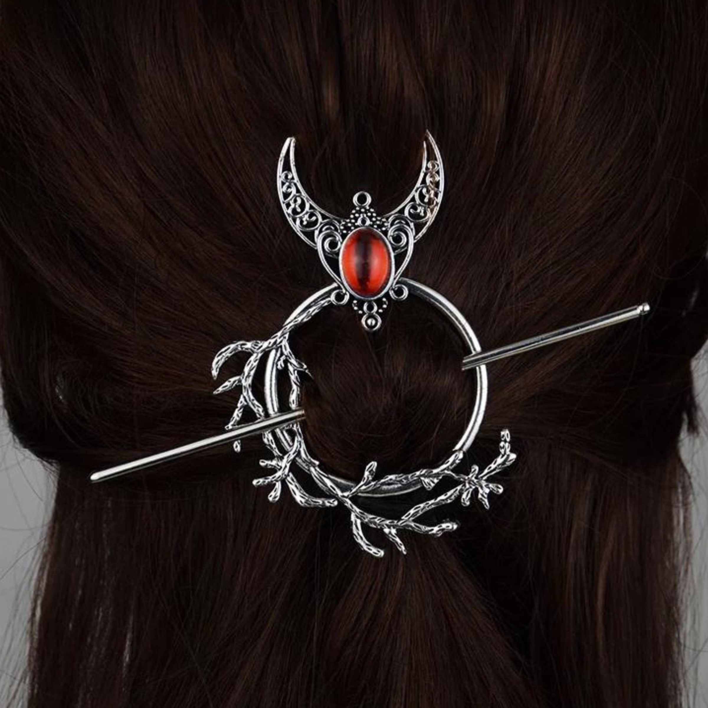 Crescent and Vine Hair Pin in Red Besom Boutique