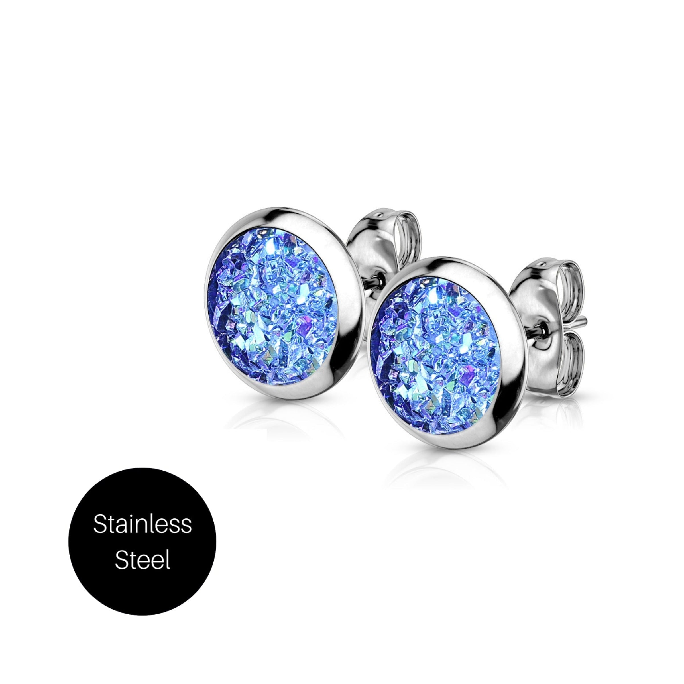 Druzy Stud Earrings in Blue & Stainless Steel Besom Boutique