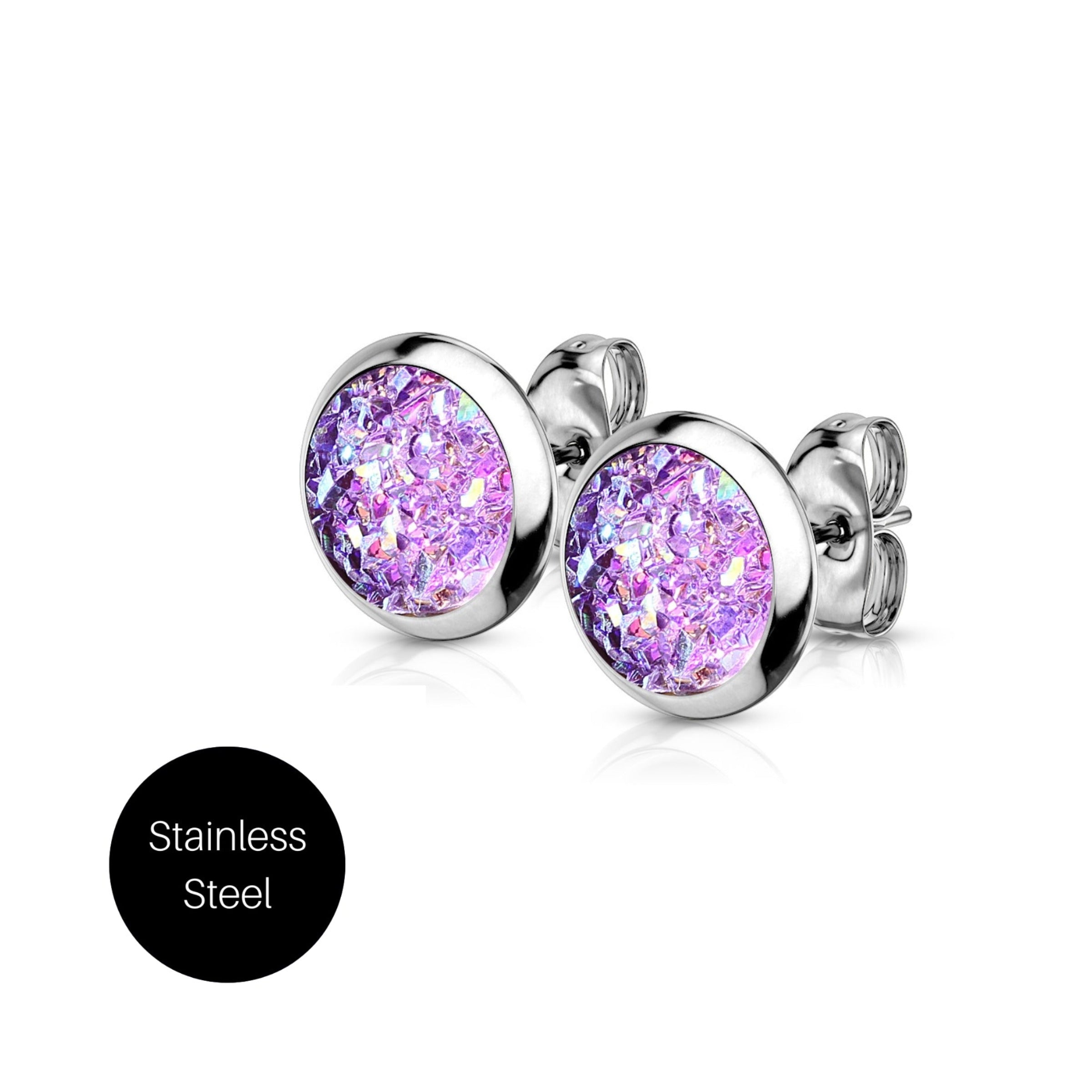 Druzy Stud Earrings in Purple & Stainless Steel Besom Boutique