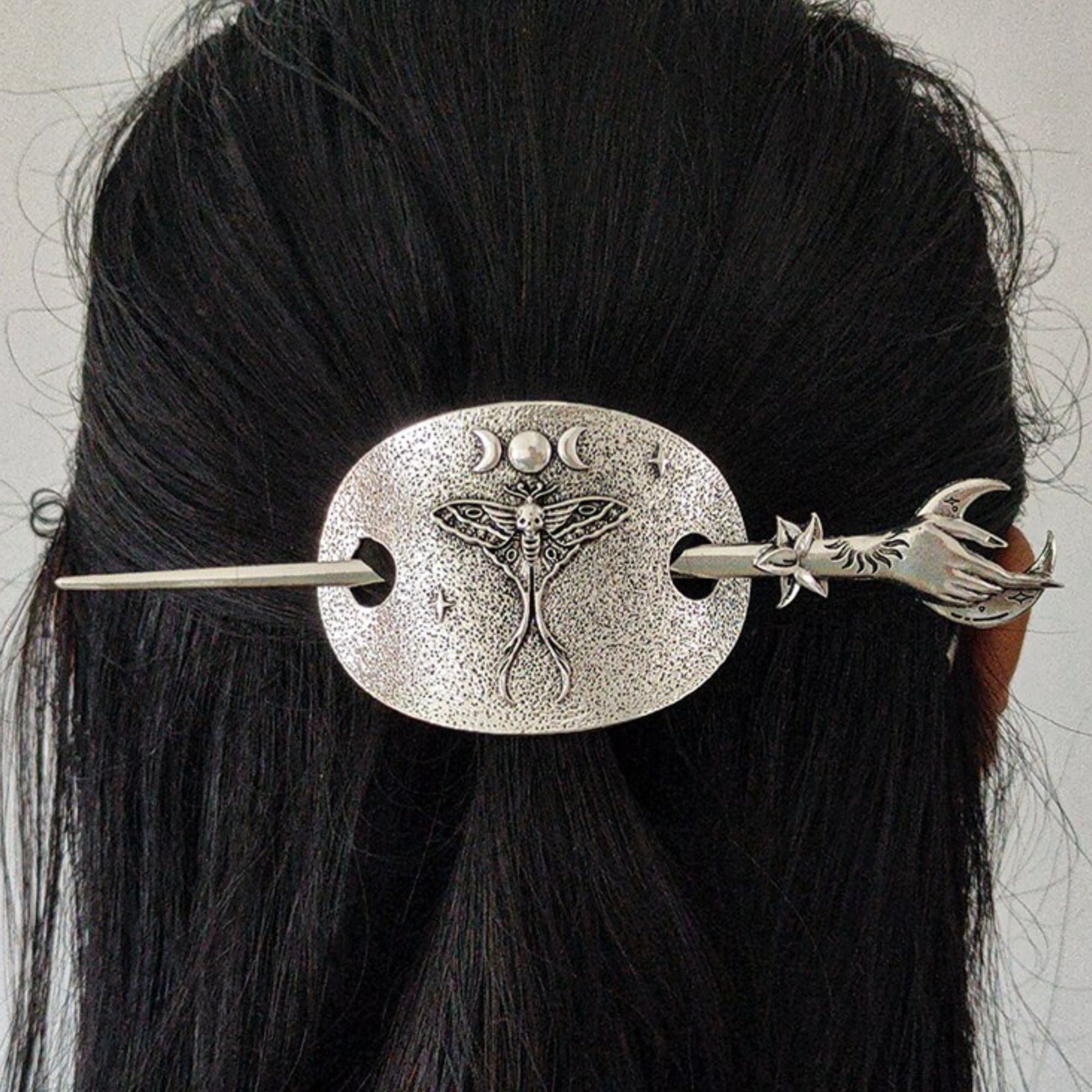 Moon Goddess Moth Hair Pin with Crescent Hand Stick Besom Boutique