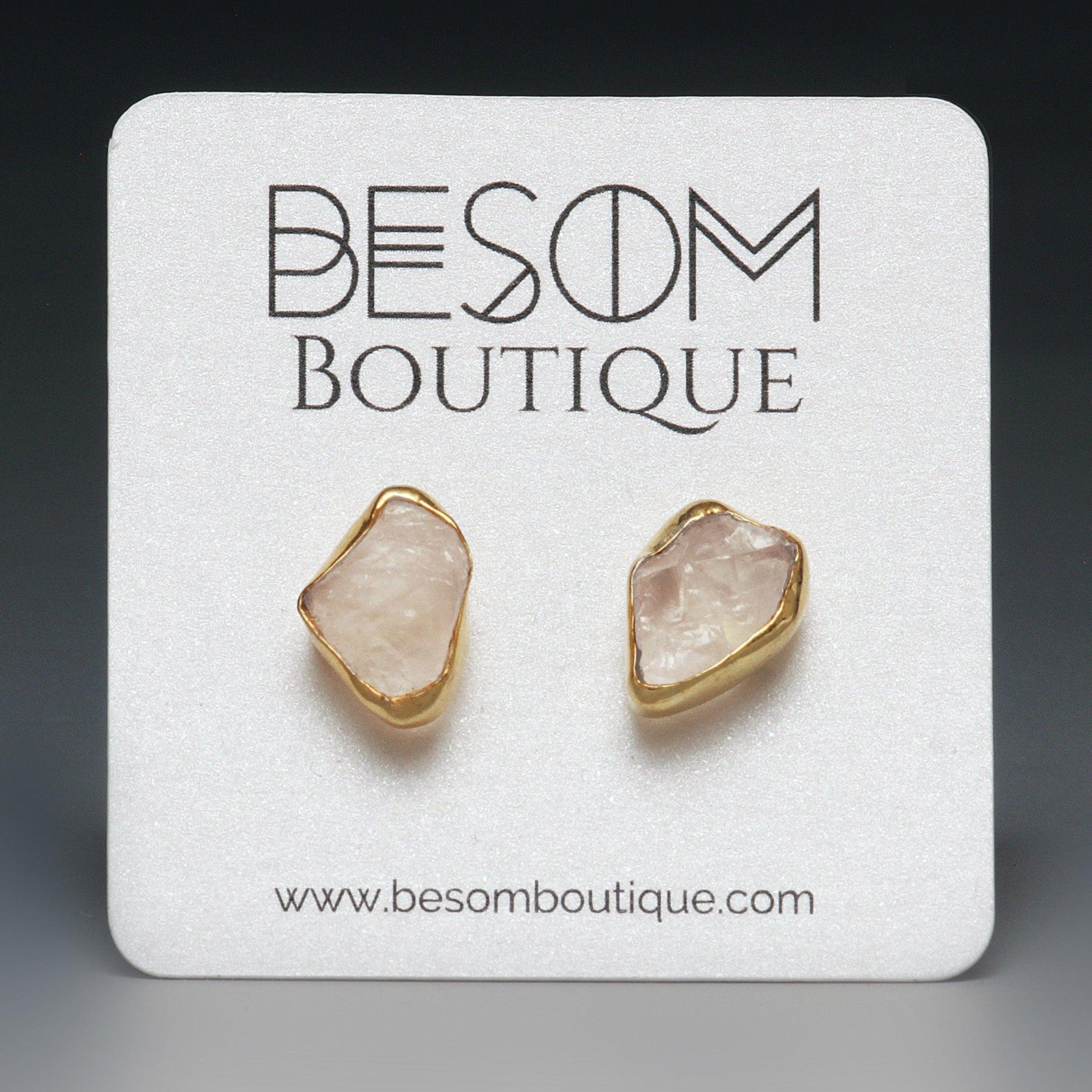 Rose Quartz Raw Crystal Stud Earrings in Gold Besom Boutique