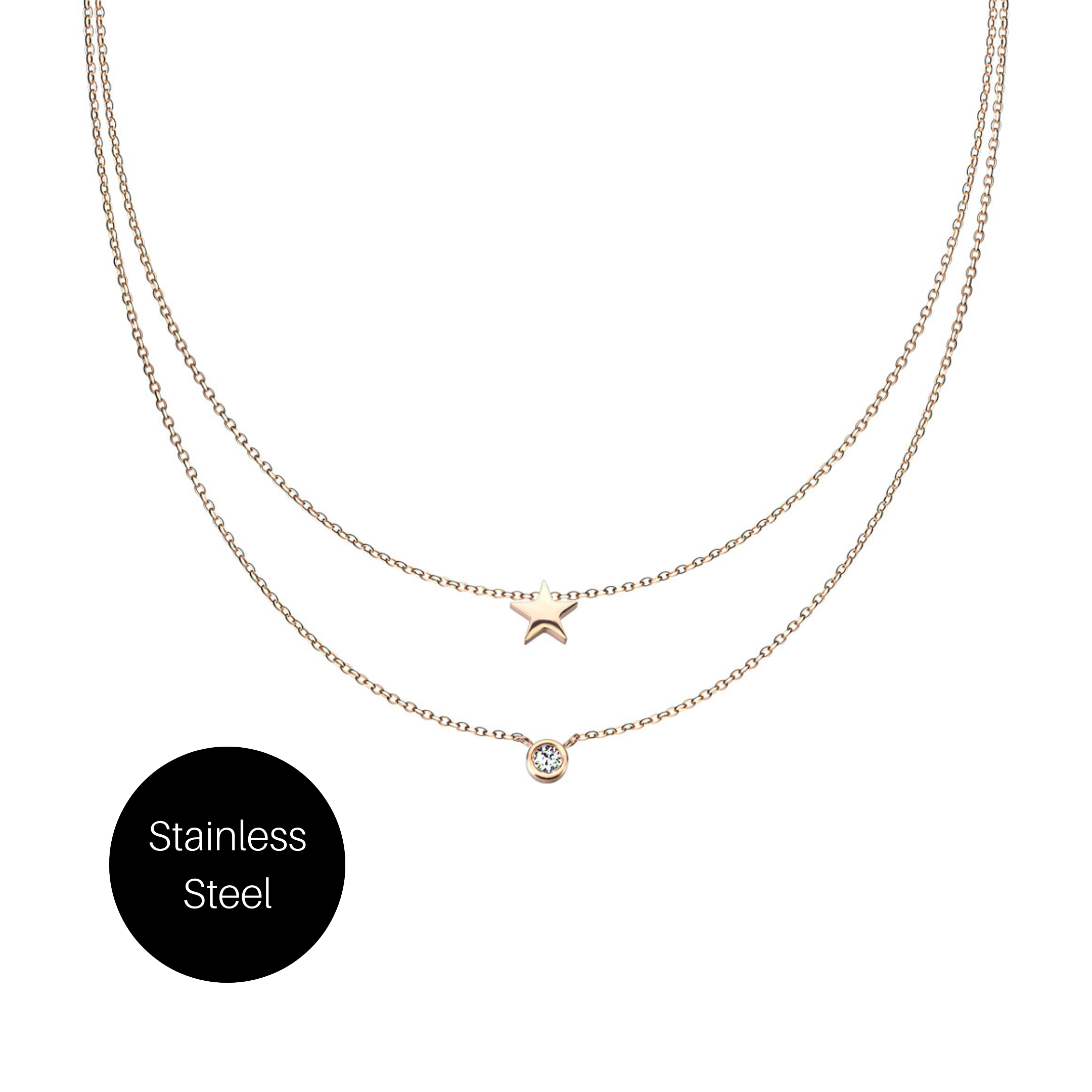 Star and Gem Double Chain Necklace in Rose Gold Stainless Steel Besom Boutique