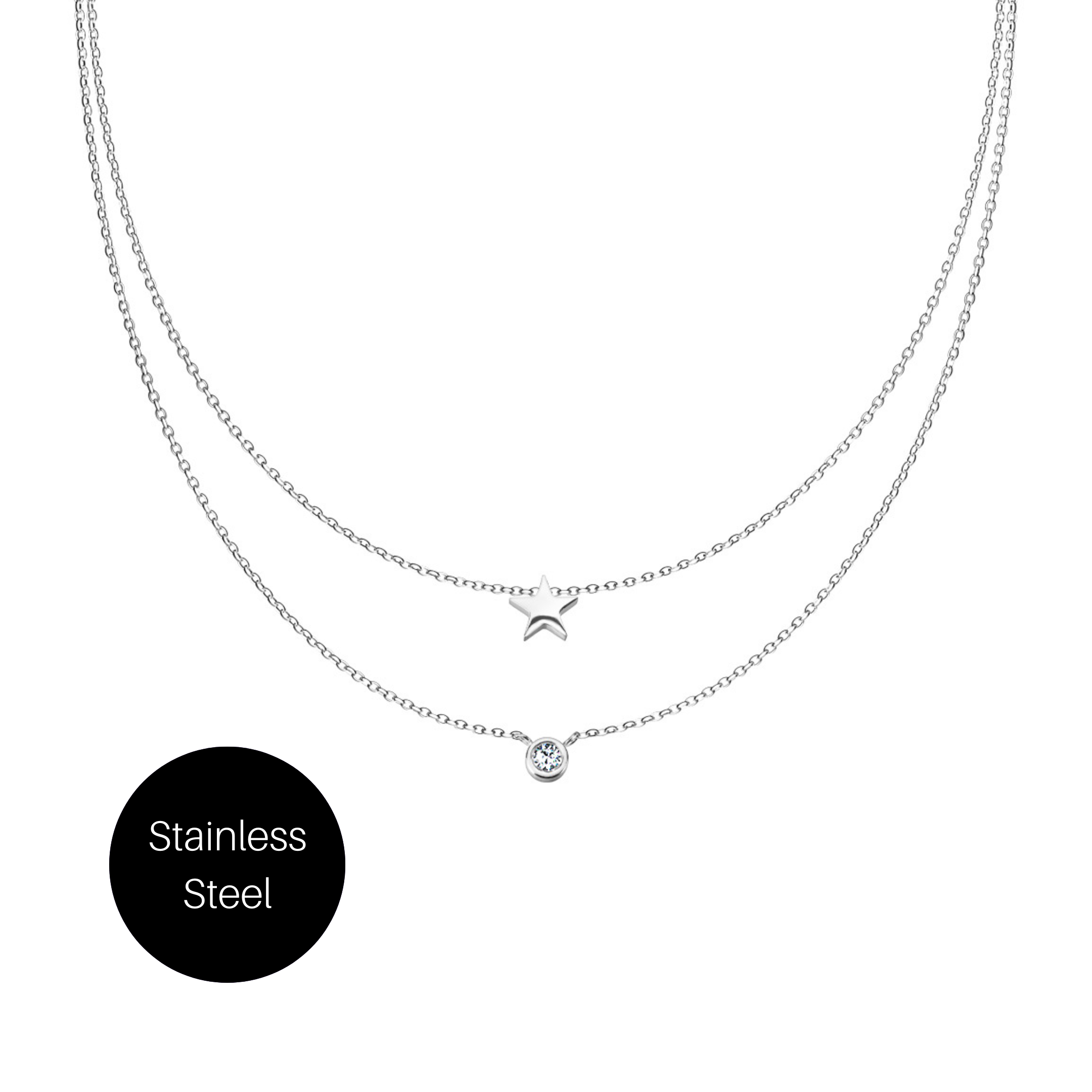 Star and Gem Double Chain Necklace in Stainless Steel Besom Boutique
